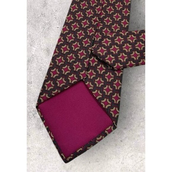 HERMÈS Silk Tie FRANCE 7331 EA Burgundy Green Geometric Monogram H W:3.4" EUC - Picture 5 of 6